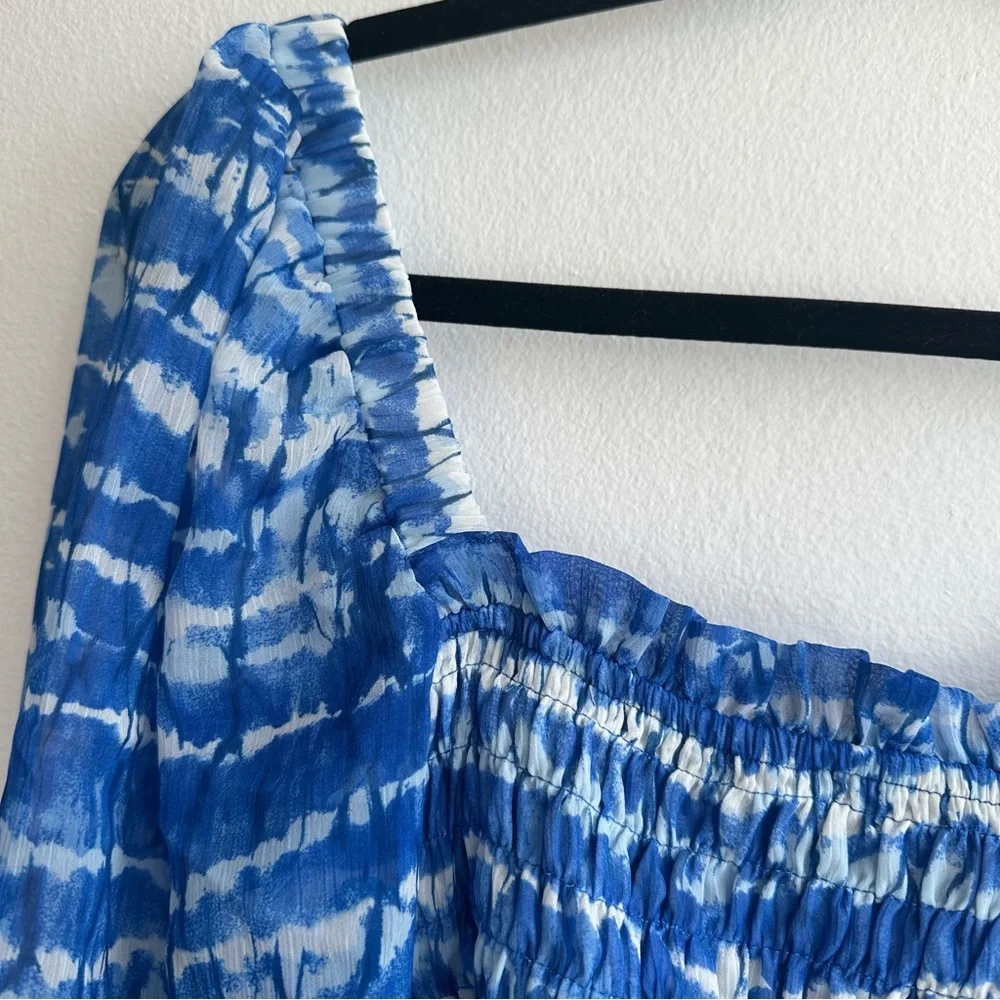 ZARA Blue Tie-Dye Smocked Puff Sleeve Top – Coastal Boho Festival Vibes Size L
